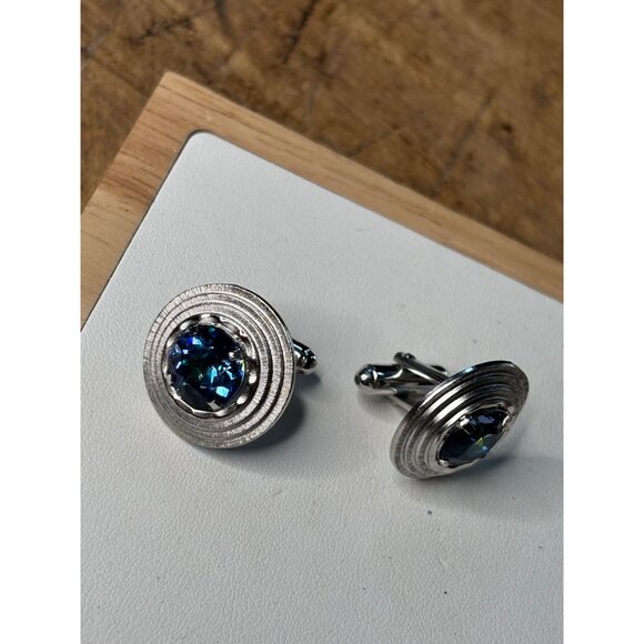 Silver Cufflinks With Blue Crystal Center & Circular Design - Picture 4 of 6